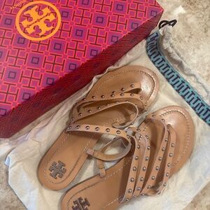 Tory Burch slide studded leather sandals Patos natural vachetta 9